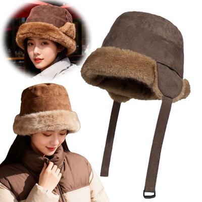 Fashion Warm Womens Bucket Hat Solid Color Fluffy Faux Mink Hats Coldproof Ear Protection Caps Winter