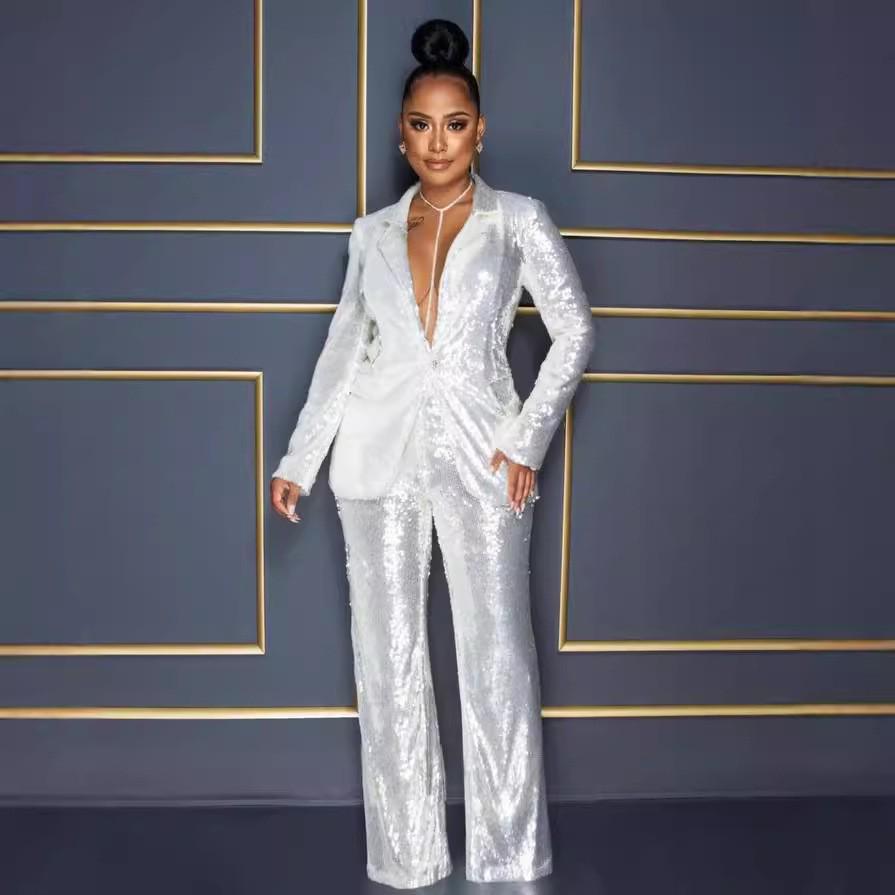 European & American Style Women's V-Neck Sequin Jumpsuit Set - Long-Sleeved, Two-Piece