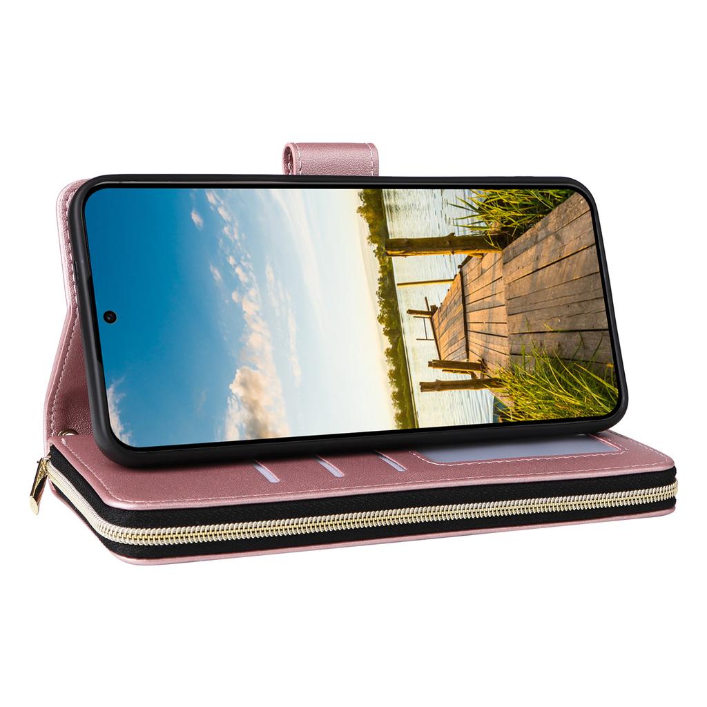 Pro Samsung Galaxy A17 5G Pouzdro 9 Přihrádek na karty Kapsa na zip PU Kůže Kryt na telefon s poutkem na zápěstí