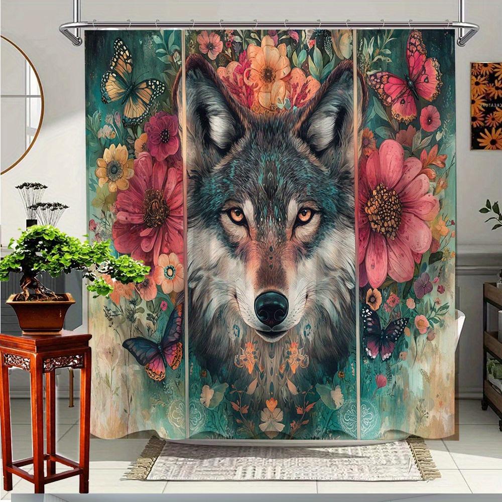 

1Pc Vibrant Floral Wolf & Butterfly Shower Curtain - Polyester Fabric Bathroom Decor With 12 Hooks, 70.8X70.8 Inches, Machine W60H190(CM)-1 Pcs