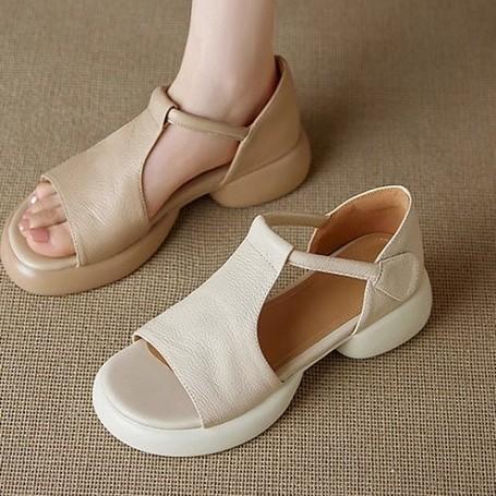 Women's Soft Leather Version Thick Soled Sponge Fish Mouth Sandals, Women's New Summer Coarse Heel, Middle Heel, Soft Sole, Velcro Roman Shoes