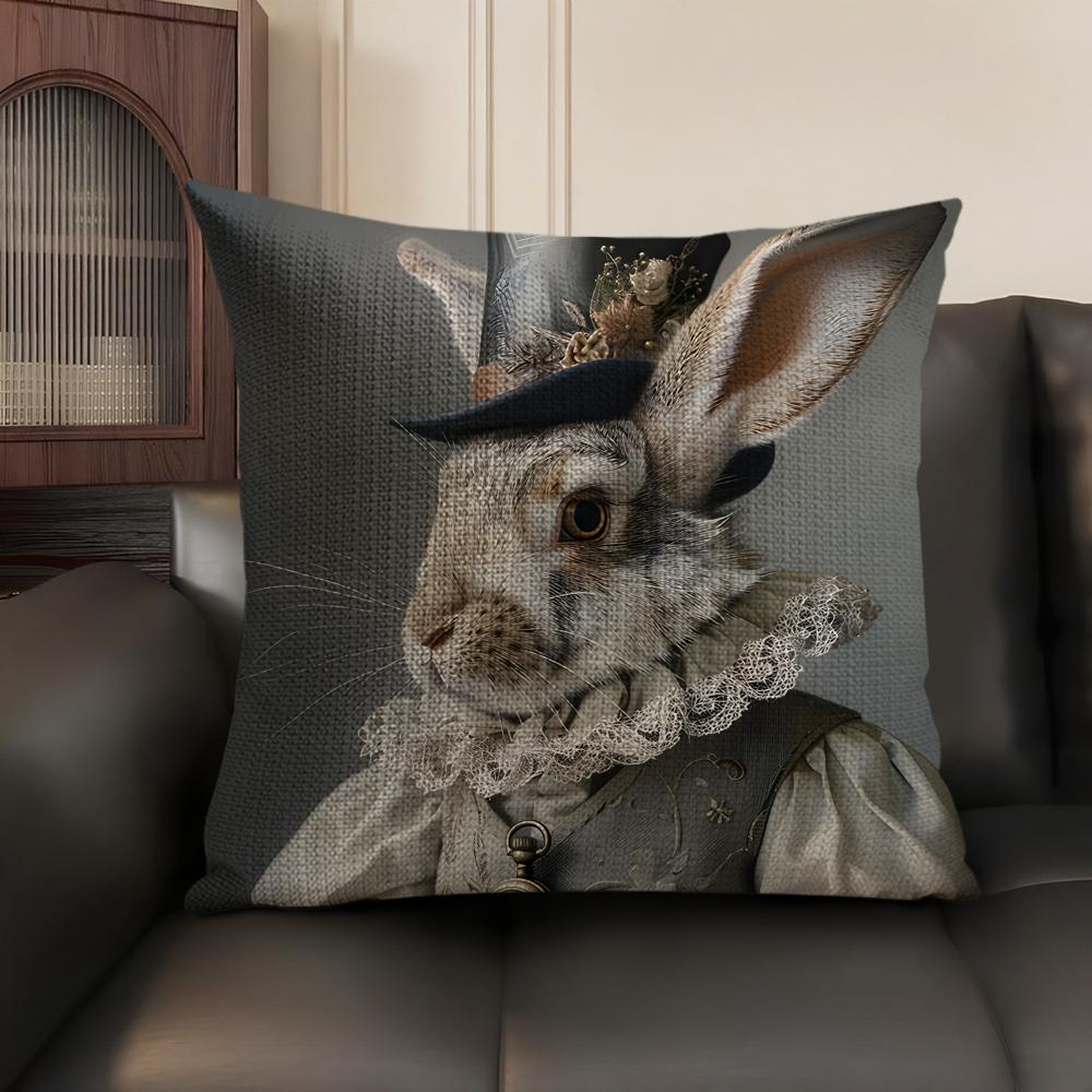 Rabbit Portrait Renaissance Cushion Cover Natural Linen Organic Fabric Double-Sided Printing Sofa Home Decor Gift Pillow Case