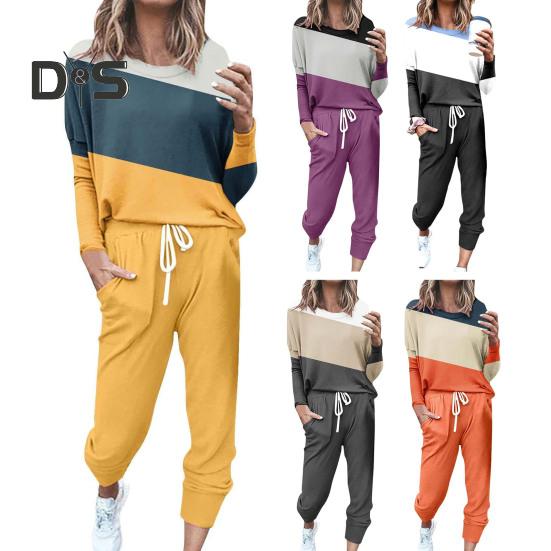 2 Pcs/Set Women Top Pants Suit Round Neck Long Sleeves Colorblock Sport Sweatshirt Drawstring Elastic Waist Trousers Fitness Outfit Fall Spring