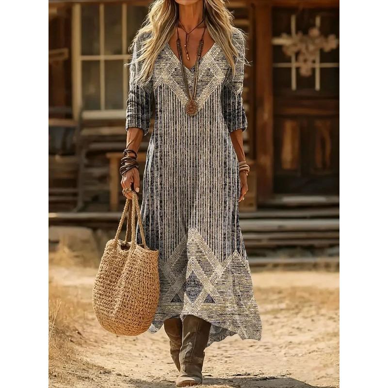 Creative Tie-dye Printing Women's New V-neck Long-sleeved Dress Medium and Long Dress