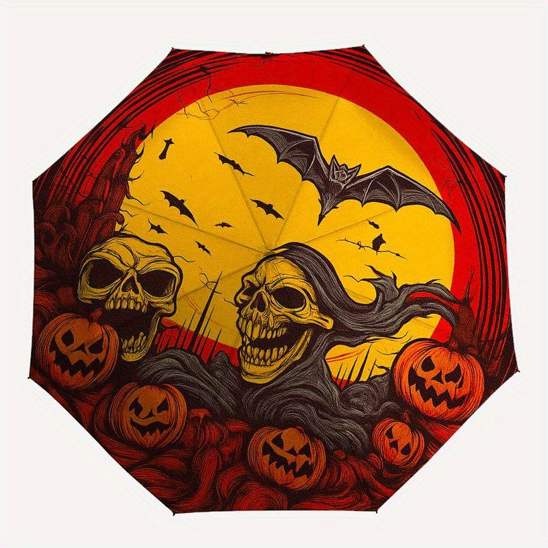 Halloween Spooky Night with Skulls and PumpkinsUmbrella with Cute Design, Portable 3-Fold Compact Umbrella for Men & Women, Valentine's Day Mother's D