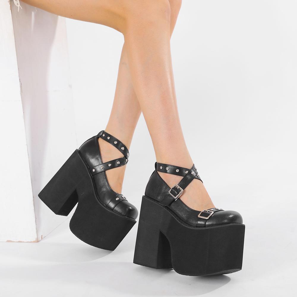Gdgydh Punk Style Black Rivet Buckle High Heels Shoes for Women Trendy Gothic Waterproof Platform Shoes Belt Buckle Chunky Heels