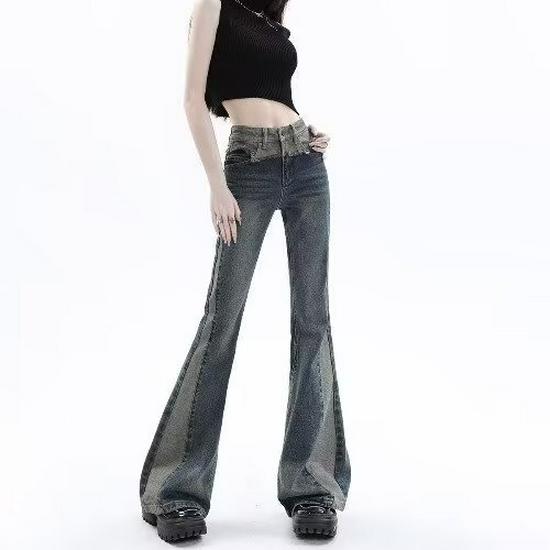 

Американские женские джинсы микро-клеш с высокой посадкой и пэчворком - Ретро стройнящий дизайн, достающий до пола 3XL синий