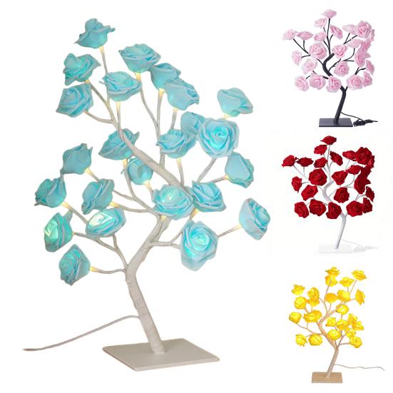 Rose Flower Tree Lamp 24 LED Rose Tree Table Lamp USB Powered Artificial Bonsai Flower Night Light for Bedroom Living Room Wedding Valentine's Day