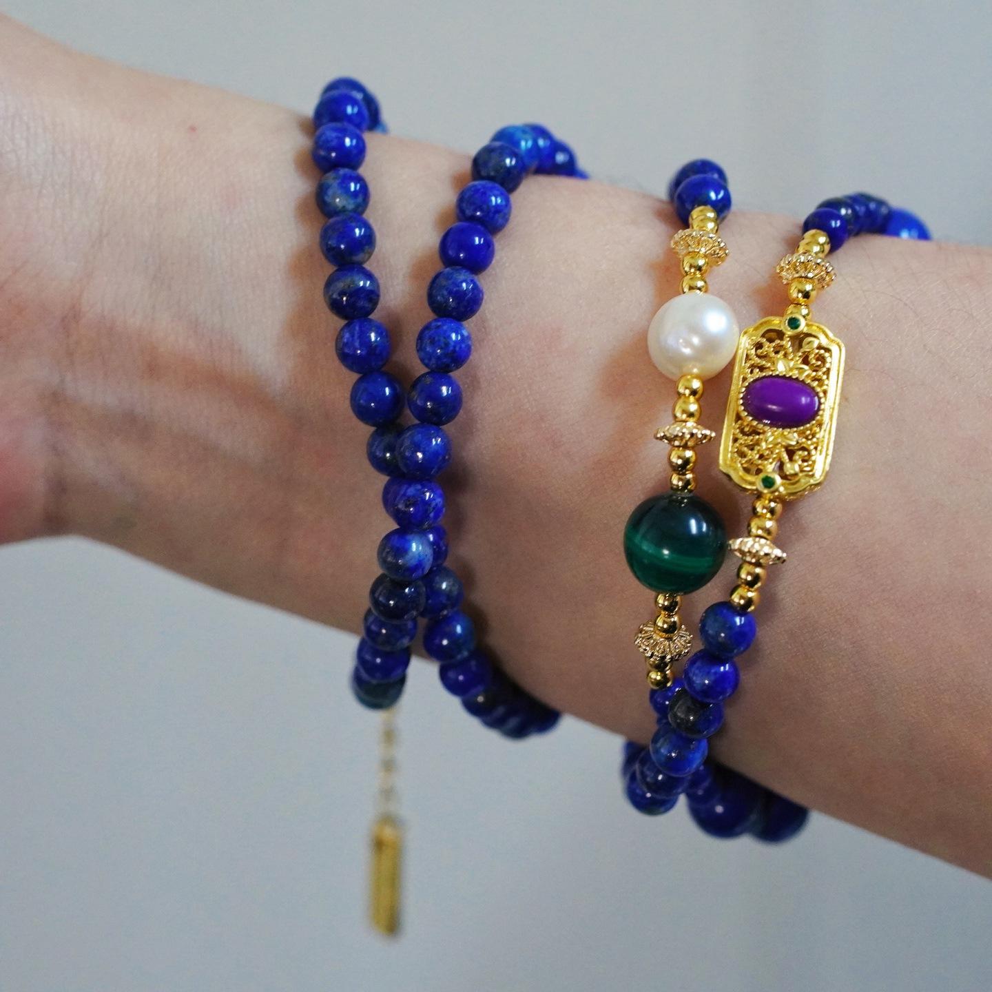 

Retro High Quality Natural Lapis Lazuli Malachite Pearl Design Sense Variety Of Wearing Methods Sweater Chain Bracelet