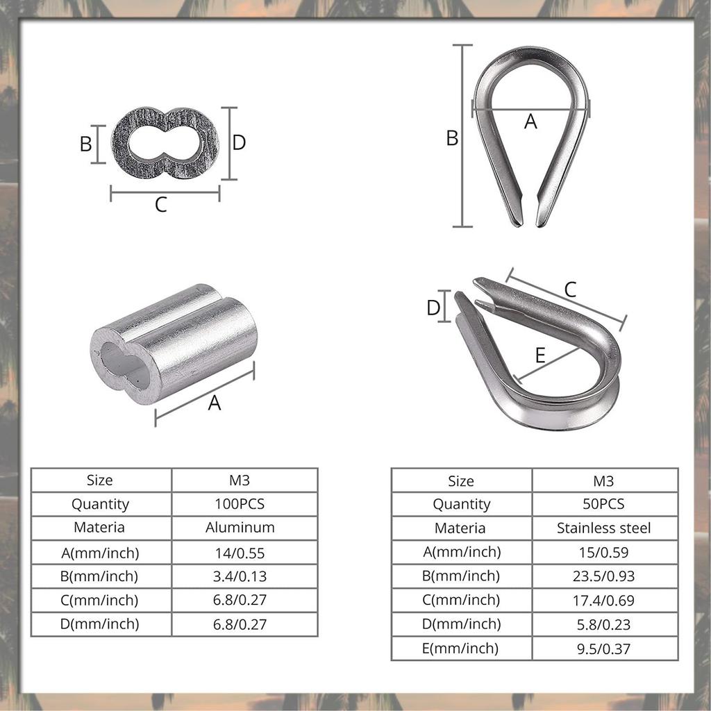 A70U New Cable Ferrule 100Pcs 1/8Inch Crimping Loop Sleeve Crimps 50Pcs M3 Stainless Steel Thimble Rigging For Wire Rope Cable