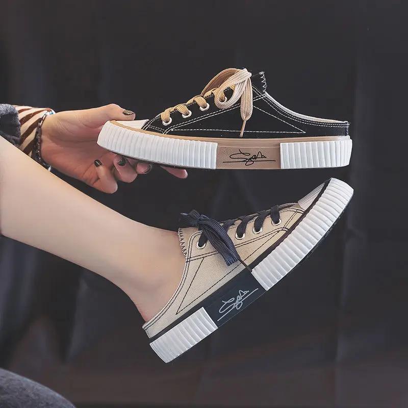 Fashion Mules Round Toe Women's Slippers And Ladies Sandals Slides Outside Shoes Canvas Black Vip Eva Luxury Chic Elegant Trend Footwear