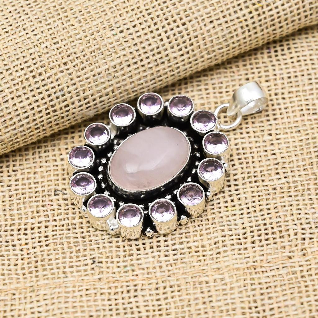 Rose Quartz, Kunzite Gemstone Handmade 925 Sterling Silver Jewelry Unique Pendant For Her