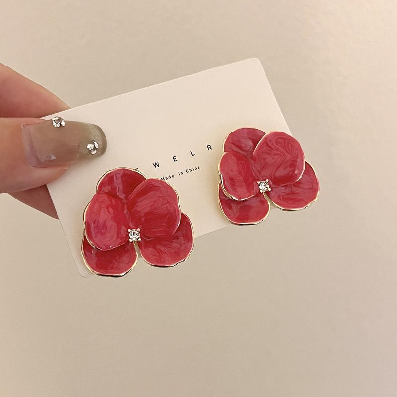 Red Blue Enamel Flower Stud Earrings for Women Five Petals Crystal Middle Korean Fashion Lovely Cute Girls Ear Decoration