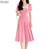 ZANZEA Damen Quadratkragen Lässig Kurzarm Elegantes Kleid