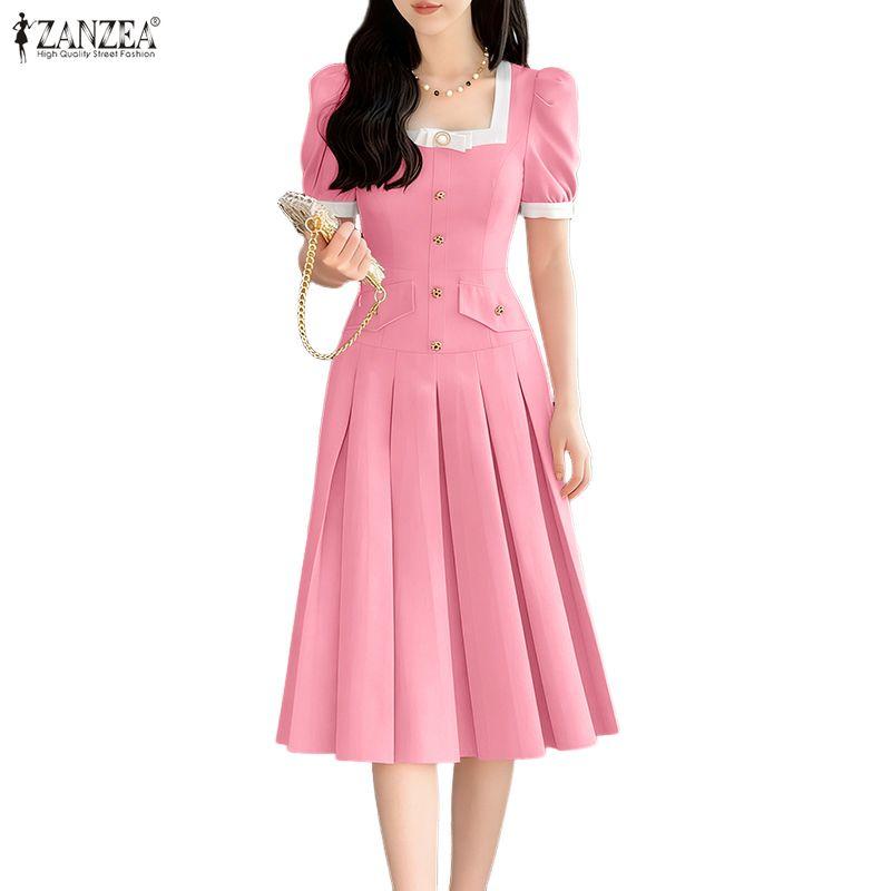 ZANZEA Damen Quadratkragen Lässig Kurzarm Elegantes Kleid