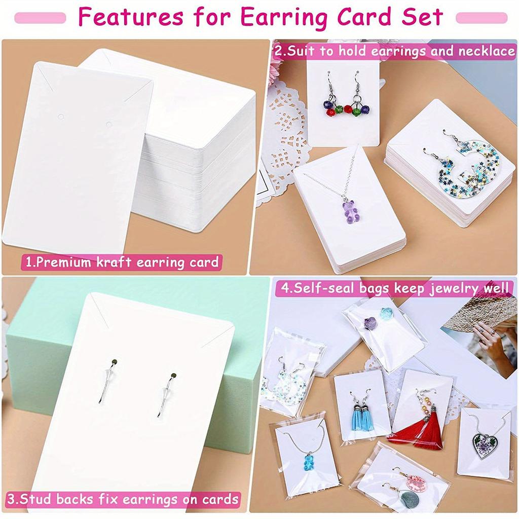200pcs Set, White 100pcs Jewelry Display Cards with 100pcs Clear Bags, Necklace Earring Card Holders for Selling Jewelry Packaging Supplies