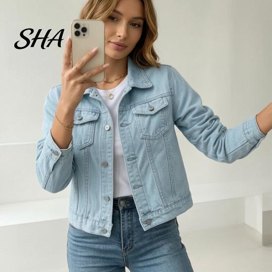 Women Jean Jacket Women's Long Sleeve Cropped Denim Jacket, Button Down Lapel Jeans Coat with Pockets, Fall Spring Lightweight Outerwear