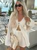 Women's Loose Fit Two Piece Outfit Set Long Bell Sleeve Tie Front Shirt Drawstring Waist Shorts Solid Color Beach Vacation Loungewear Set