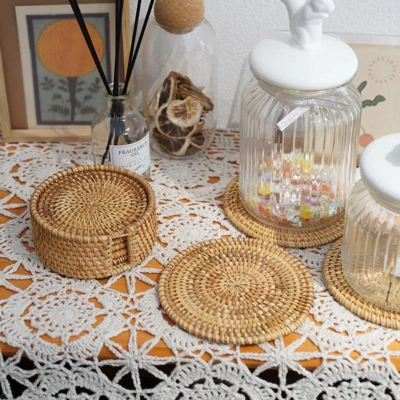 8-10cm Rattan Cup Mat 6Pcs Drink Coasters Set for Kungfu Tea Accessories Round Tableware Placemat Dish Mat Rattan Weave Cup Mat Cup Holders 5