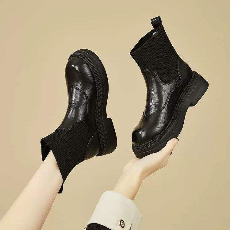 Elastic Thin Boots Women's Autumn and Winter Thick-soled Velvet Heightening Socks Boots Round Head 2025 Short Boots New Chelsea British Style