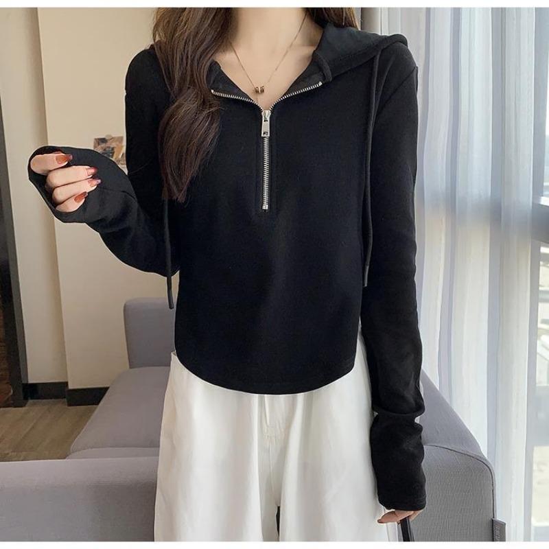 Spring Autumn Long Sleeve Loose Casual Zipper Sweatshirt Women Solid Color Simple Hooded Pullover Top Hoodies