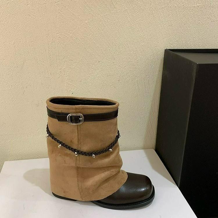 Retro style woven belt belt buckle stack boots women's new thick heel short boots locomotive boots western cowboy boots