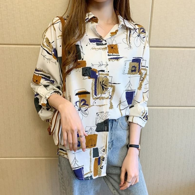 Retro Hong Kong Style Temperament Chiffon Long-sleeved Printed Shirt Women's Blouse Popular Loose Design Sense Niche