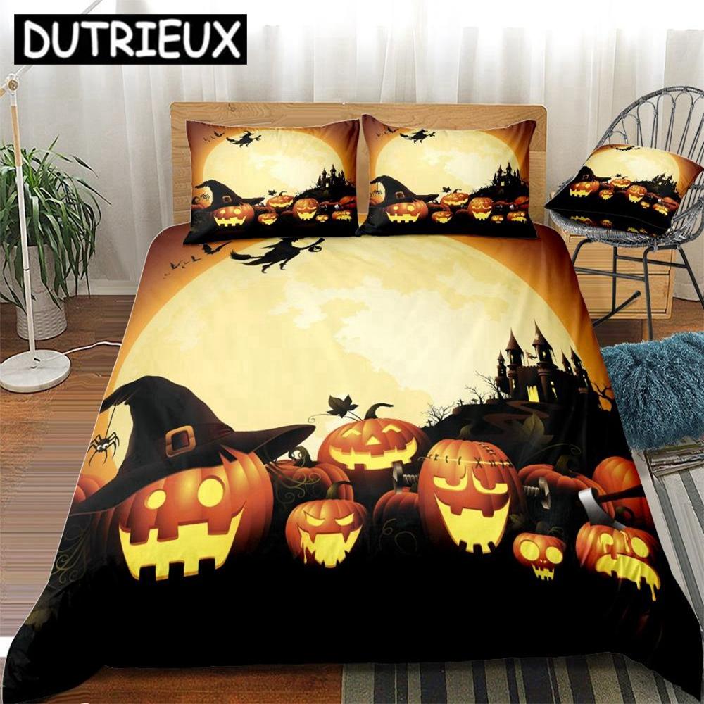 Happy Halloween Duvet Cover Set Pumpki Hat Bedding Set Skull Cartoon Beds Set Purple Blue Halloween Home Textiles Microfiber