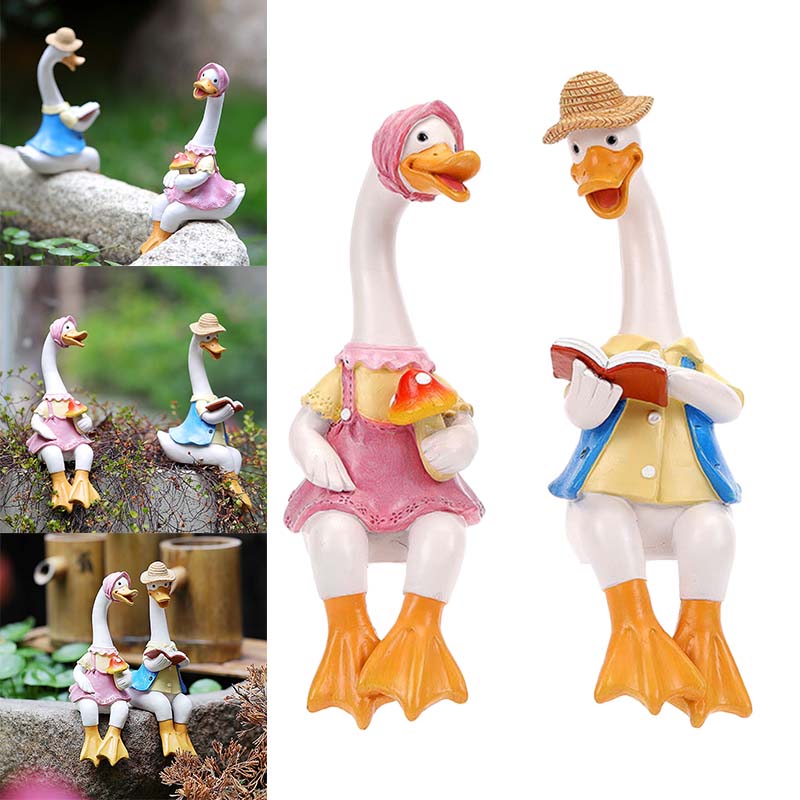 Duck Outdoor Garden Ornaments Reading Couple Animals Sculpture Decorations 22 Cm Pair Of Ducks Resin Gift IndoorPatio Decor