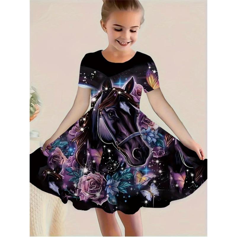 

Multicolored Dress for Girls Featuring Floral And Horse Patterns, Short Sleeves 110