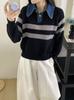 Japan and South Korea holiday two pieces of autumn and winter new denim neck knitted sweater women's loose striped thin bottoming shirt top