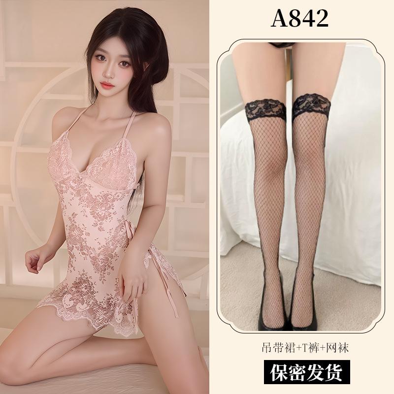 New Sexy Underwear Women's Sexy Lace Suspender Skirt Lace-up Nightdress Uniform Temptation European and American Pajamas A