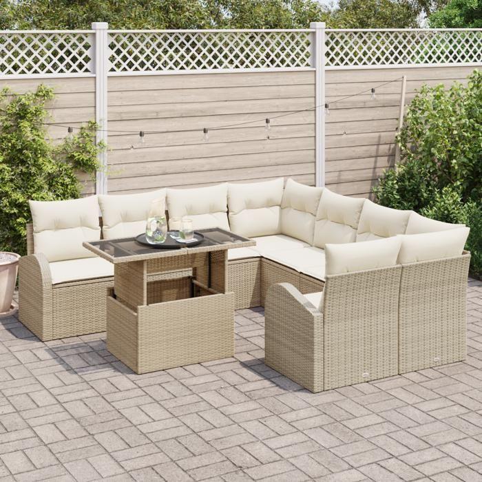 Ensemble de canapés de jardin 9 pièces avec coussins beige poly rotin, Canapé de jardin 2 places avec rangement et coussins 3357354