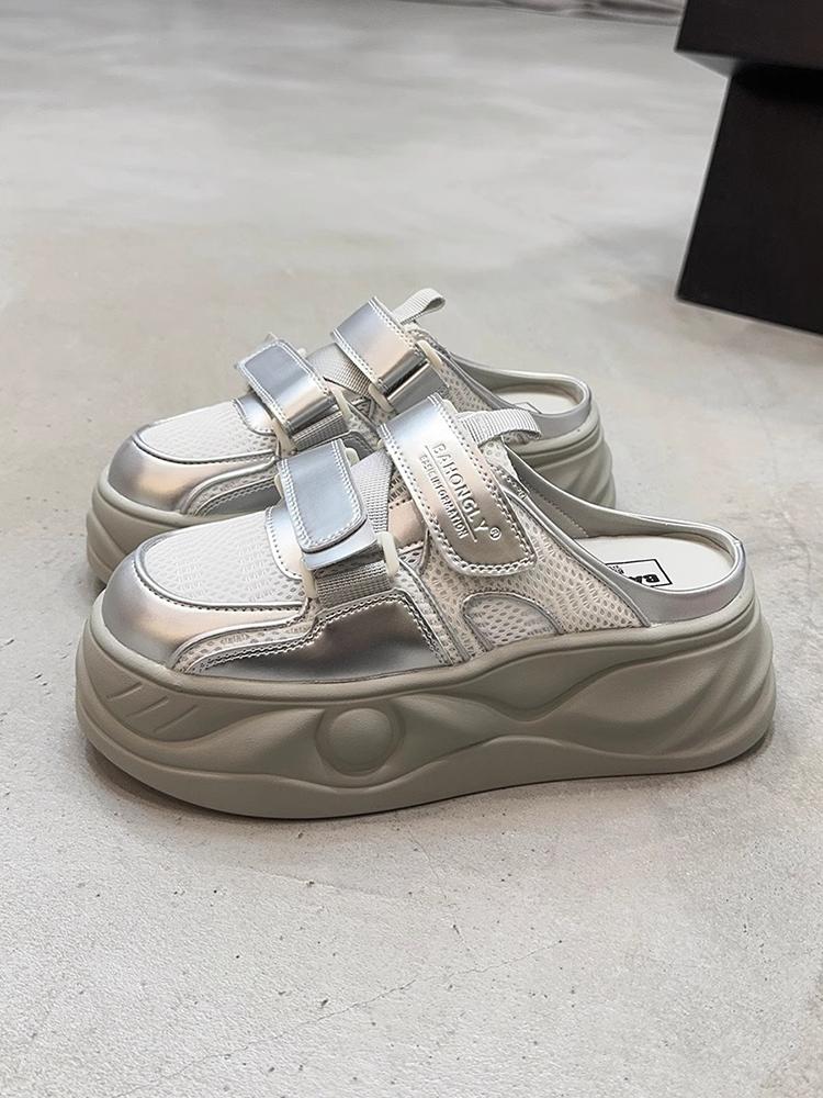 Fashion Women's Shoes Silver Loafers House Slippers Platform Pantofle Slides Soft 2025 Summer Hook & Loop Casual Leisure  Shoes Women Fe