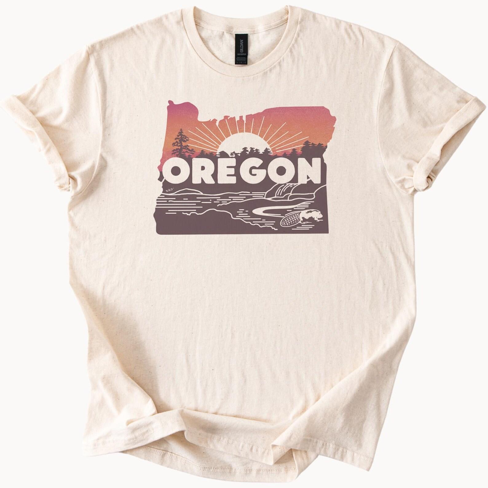 Oregon Graphic T Shirt Sunset Landscape Waterfall Trees Nature Outline State Map Outdoors Adventure Scenic Art Tee Oregon Shirt 100