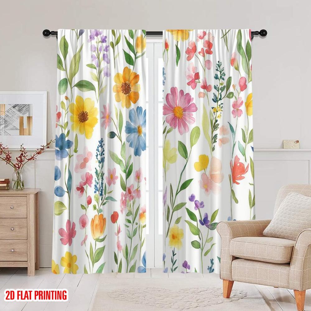 2pcs,2D Plane Printing Curtain Popular Blooming Canvas Versatile Polyester (without Rod) Festive for Kitchen Living Room Office