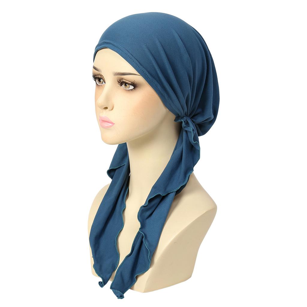Solid Color Muslim Fashion Hijabs Turban Bonnet Long Tail Head Wraps Elastic Hijab Hats Breathable Chemo Cap For Women Girls
