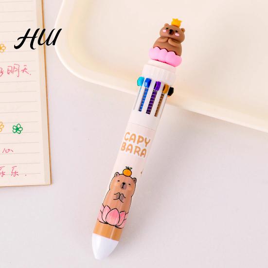 Cartoon Capybara Gel Ink Pens Multicolor 10-in-1 Ballpoint Pen, Cute Push-Type Writing Office Supplies Pen Ten Colors In One Retractable for