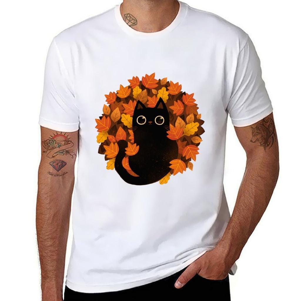 Cat and Autumn Leaves TShirt Stretch Fabric Comfort TShirt
