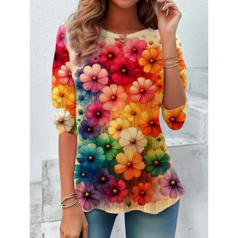 Round Neck 3D Printed Top Colorful Fashionable Casual Long Sleeved Women's T-shirts