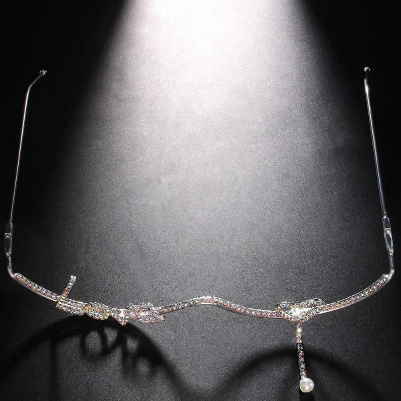 Fashion Crystal Glasses Frames Diamond Decoration No Lens Half Metal Glasses Frame Woman Luxury Eyewear