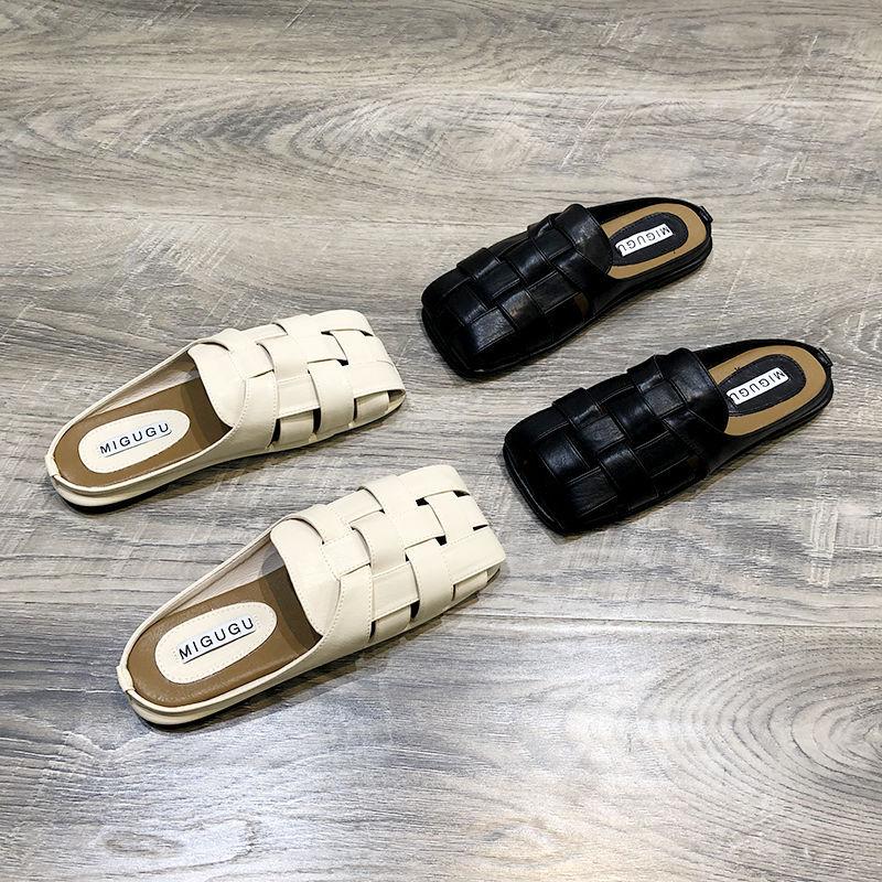 Retro woven bag head half slippers women's wear 2025 spring and summer new square head lazy shoes Internet celebrity flat muller shoes
