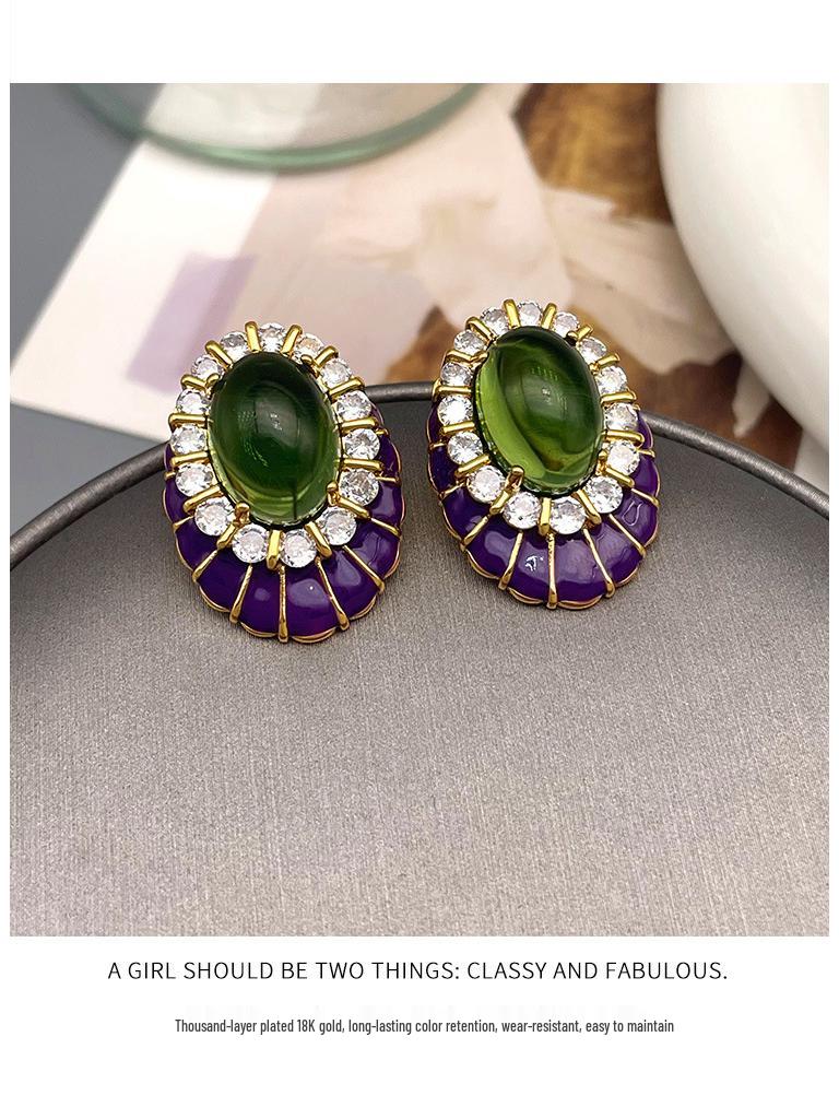 Vintage High-End Zircon Enamel Stud Earrings - Retro Light Luxury Jewelry for Women