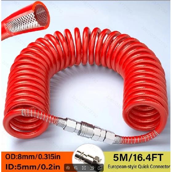 Air compressor hoses & accessories: 8mm high-pressure spring hose (15Bar, 5/10/15M). High-pressure PU yarn-wrapped, 3-layer poly