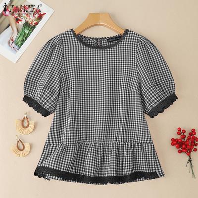 Γυναικεία Καλοκαιρινή Casual Μπλούζα με Στρογγυλή Λαιμόκοψη και Κοντά Μανίκια με Πλέγμα