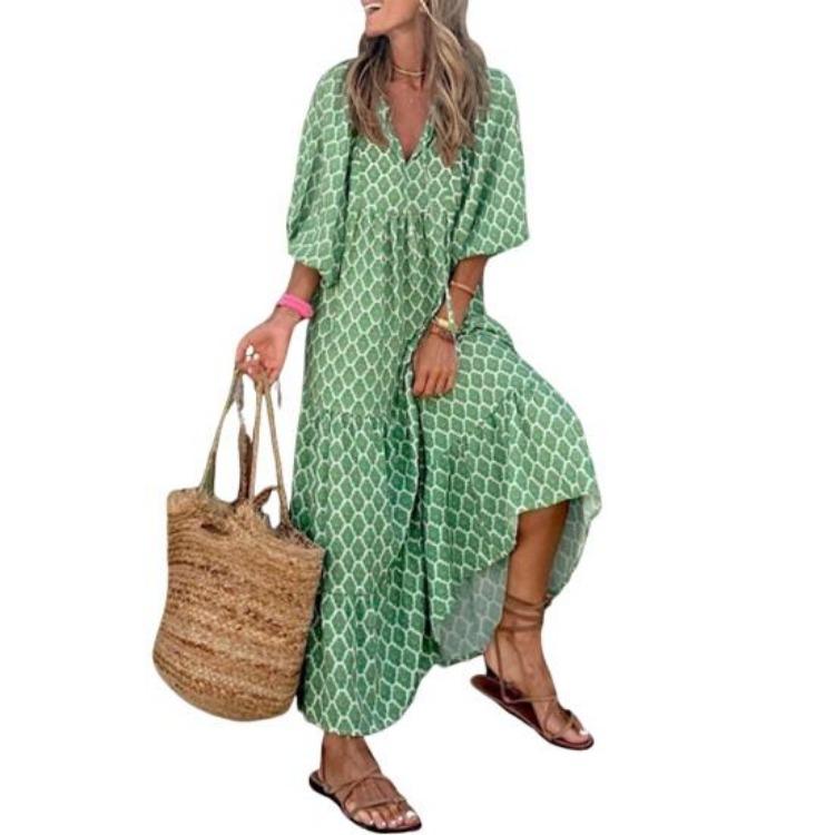 Women Bohemian Floral Print Dress V Neck A Line Maxi Beach Dress with Puff Sleeves Casual Loose Printed High Waist Swing Hem Dress for Beach Party
