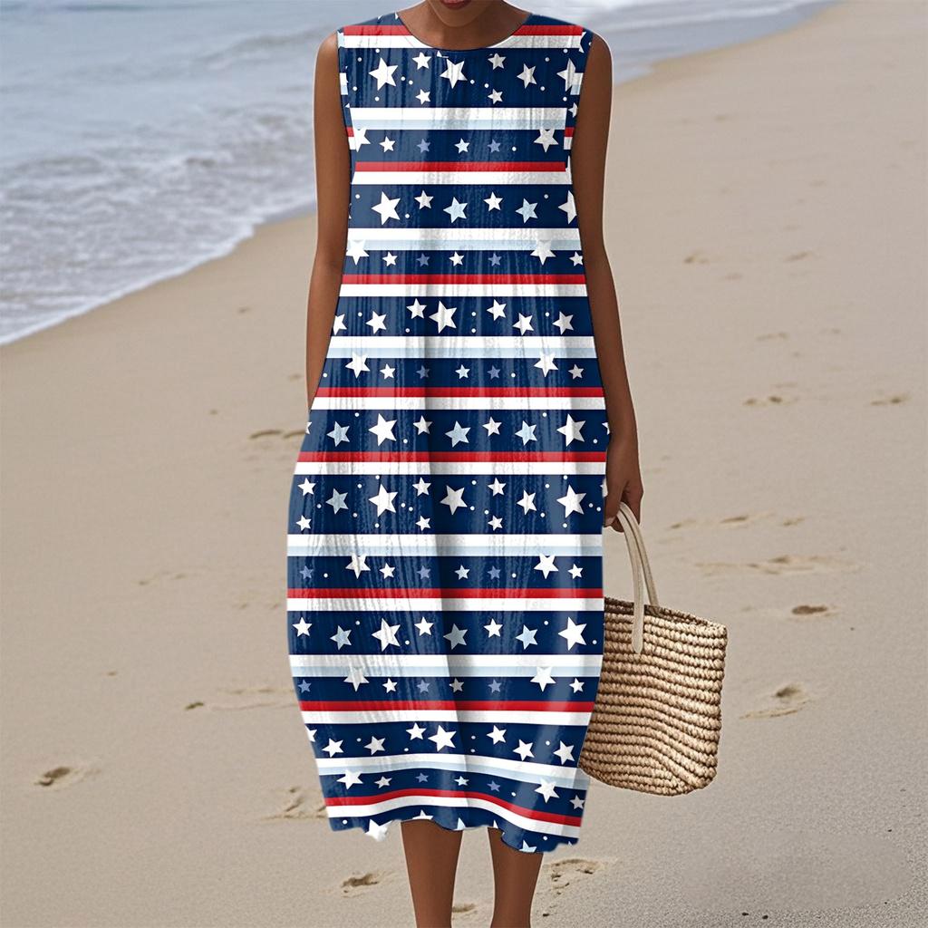Rochie de damă la modă casual fără mâneci cu gât rotund, imprimată cu Ziua Independenței, elegantă, cu temperament