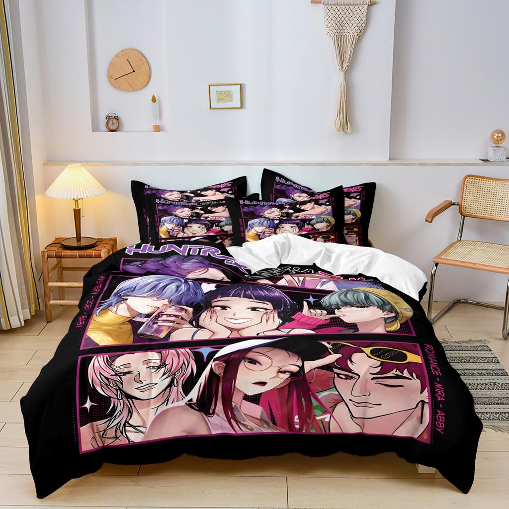 K-Pop Bedding Set Demon Hunters Themed Pink or Black Other Side Print Polyester Student Dormitory Duvet Cover Boys Girls Gift