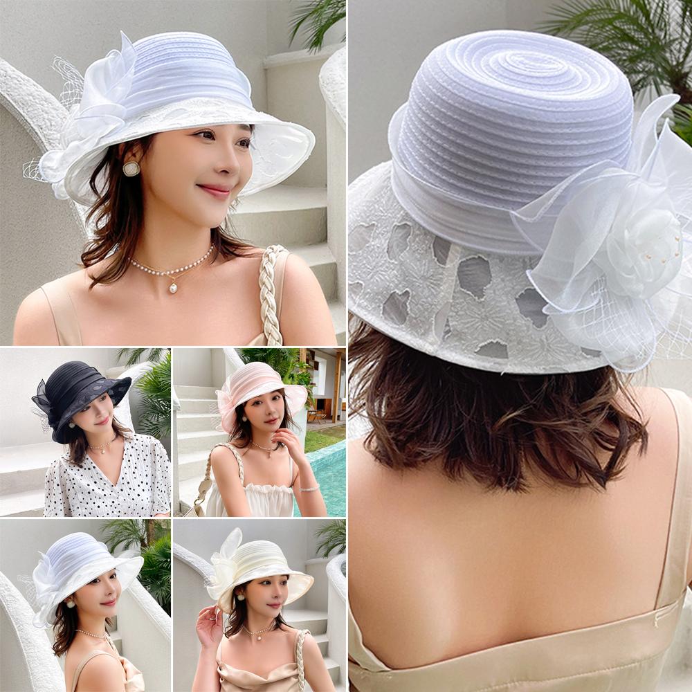 Elegant Wide Brim Bridal Tea Party Wedding Hat UV Protection Breathable Organza Hat Sun Hat Summer