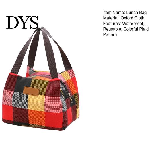 Lightweight Lunch Bag Colorful Plaid Waterproof Tote Reusable Everyday Use Box Carrier for Women Men Picnic Work Hiking Portable Food